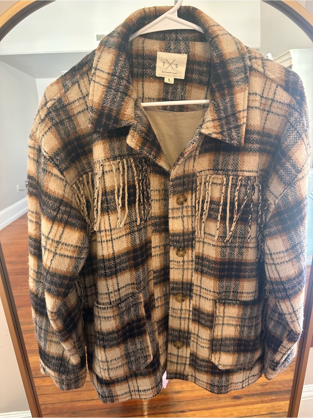 Thread & Supply (From DryGoods) Plaid Fringe Shacket in Brown and Black